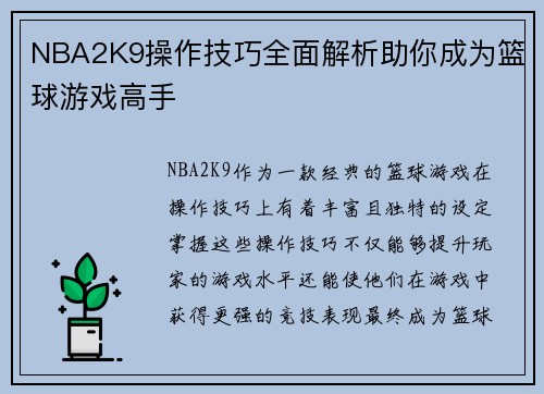 NBA2K9操作技巧全面解析助你成为篮球游戏高手